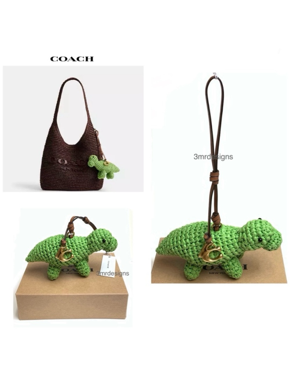 NWT COACH STRAW DINO Brown Leather Strap Bag Charm/Keychain + COACH Gift Box